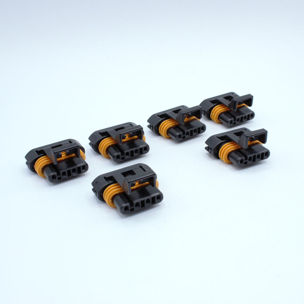 Set of 6 GM LS ignition coil connectors for Gen 3 IIV ignition coils or D585 truck LS2 ignition coils. 
Black with an orange seal, comes with a black TPA. Made by Delphi Metri-pack Metripack 150 series Code 1 coding keying 4 pin way terminal, sealed
Each set comes with terminals and seals
can be purchased as a set of 4, 6 or 8