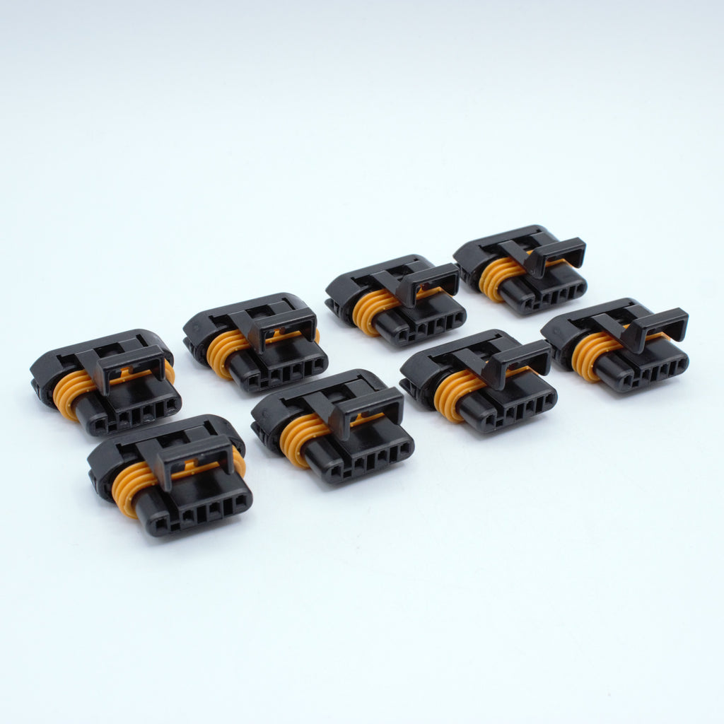 Set of 8 GM LS ignition coil connectors for Gen 3 IIV ignition coils or D585 truck LS2 ignition coils. 
Black with an orange seal, comes with a black TPA. Made by Delphi Metri-pack Metripack 150 series Code 1 coding keying 4 pin way terminal, sealed
Each set comes with terminals and seals
can be purchased as a set of 4, 6 or 8