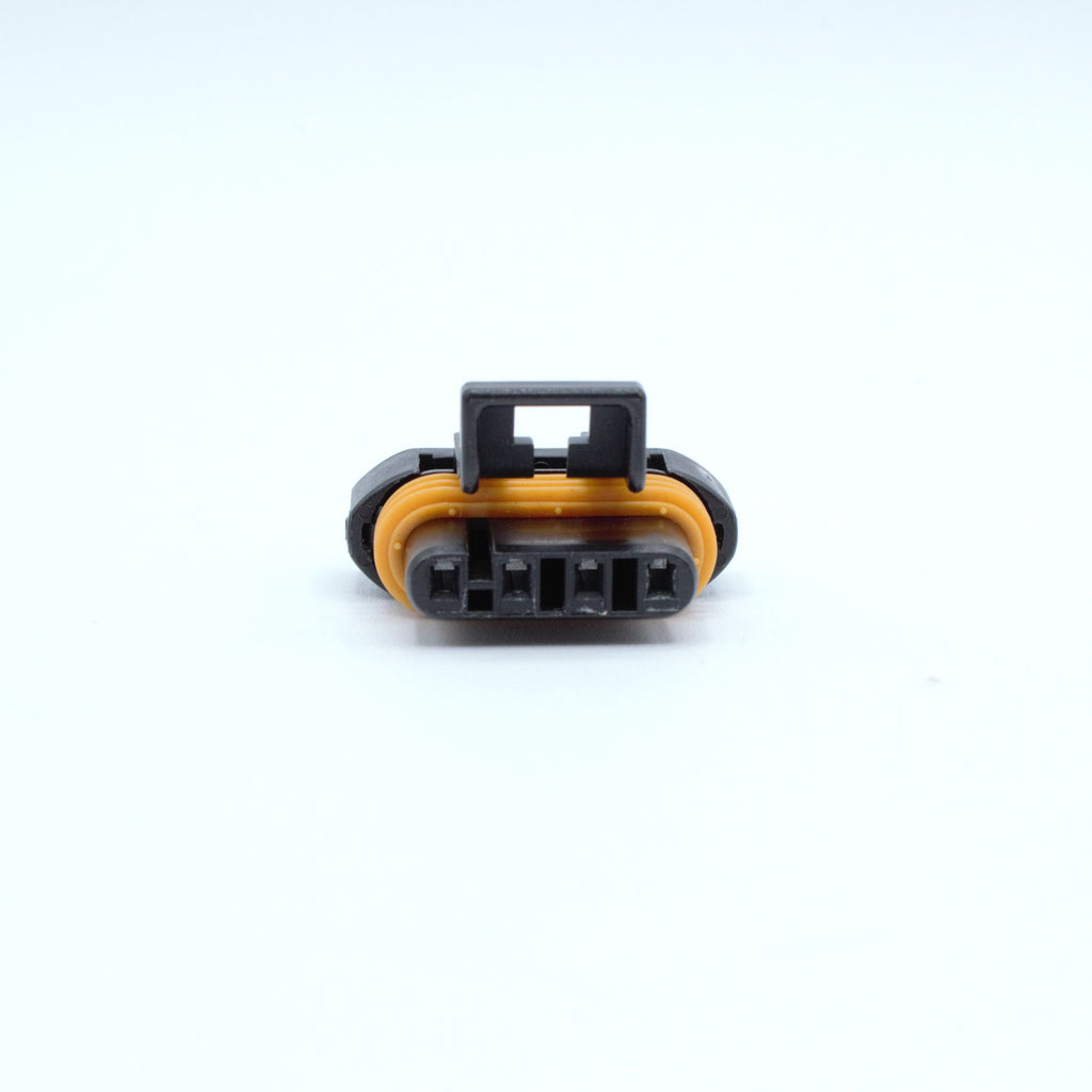 GM LS ignition coil connector for Gen 3 IIV ignition coils or D585 truck LS2 ignition coils. 
Black with an orange seal, comes with a black TPA. Made by Delphi Metri-pack Metripack 150 series Code 1 coding keying 4 pin way terminal, sealed
Each set comes with terminals and seals
can be purchased as a set of 4, 6 or 8
