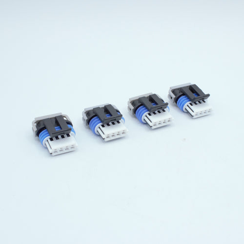 Set of 4 GM LS ignition coil connector for Gen 4 IV ignition coils or Corvette Camaro LS3 LS7 ignition coils. 
Black with an blue seal, comes with a white TPA on the front and a Grey . Made by Delphi GT150 series 4 pin way terminal, sealed
Each set comes with terminals and seals Code B coding keying
can be purchased as a set of 4, 6 or 8PS on the pack