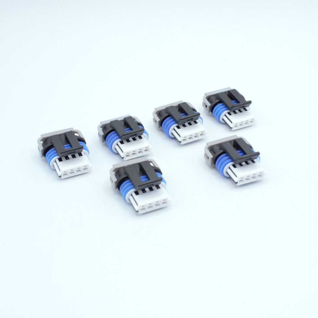 Set of 6 GM LS ignition coil connector for Gen 4 IV ignition coils or Corvette Camaro LS3 LS7 ignition coils. 
Black with an blue seal, comes with a white TPA on the front and a Grey . Made by Delphi GT150 series 4 pin way terminal, sealed
Each set comes with terminals and seals Code B coding keying
can be purchased as a set of 4, 6 or 8PS on the pack