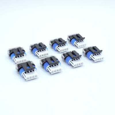 Set of 8 GM LS ignition coil connector for Gen 4 IV ignition coils or Corvette Camaro LS3 LS7 ignition coils. 
Black with an blue seal, comes with a white TPA on the front and a Grey . Made by Delphi GT150 series 4 pin way terminal, sealed
Each set comes with terminals and seals Code B coding keying
can be purchased as a set of 4, 6 or 8PS on the pack