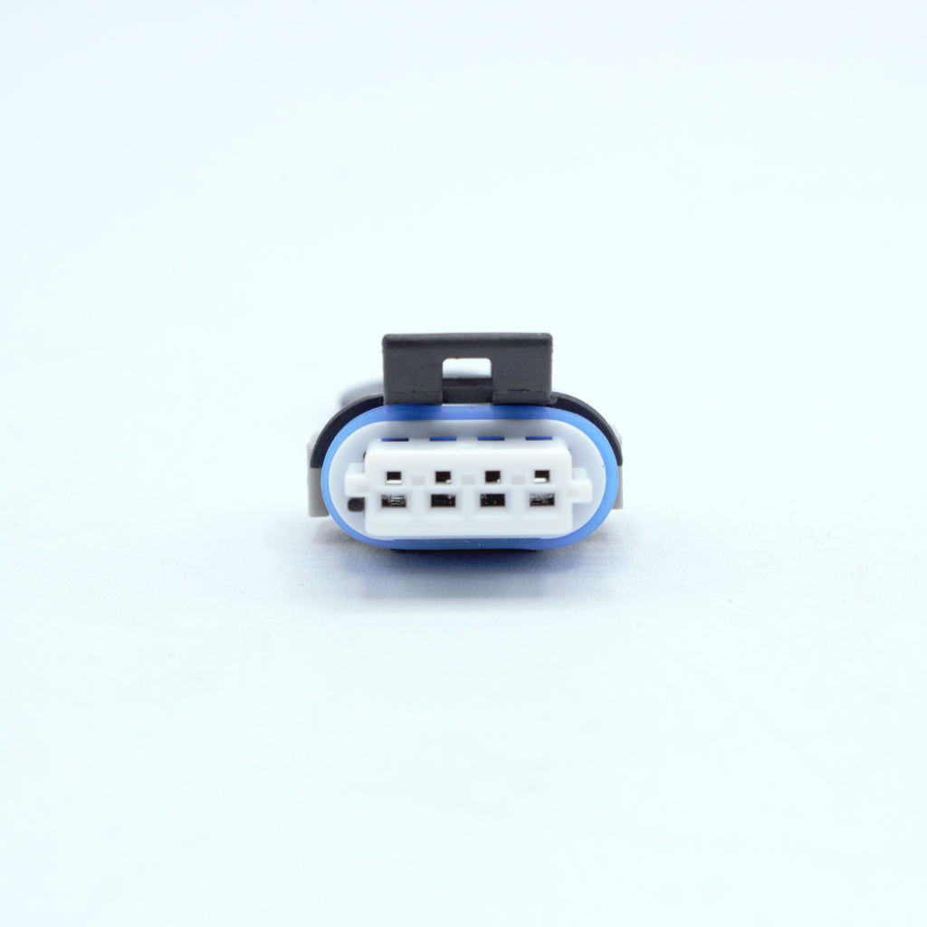 GM LS ignition coil connector for Gen 4 IV ignition coils or Corvette Camaro LS3 LS7 ignition coils. 
Black with an blue seal, comes with a white TPA on the front and a Grey . Made by Delphi GT150 series 4 pin way terminal, sealed
Each set comes with terminals and seals Code B coding keying
can be purchased as a set of 4, 6 or 8PS on the pack
