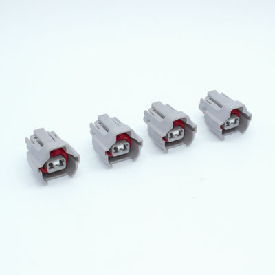 Set of 4 Toyota EV6 USCAR injector connector
Grey with a red seal orange seal and a white TPA
Has 2 keys that are high higher close to top
2 terminal, sealed
Made by Sumitomo TS series
sold in sets of 4, 6 or 8 
For 1JZ 2JZ 1UZ 3UZ engines