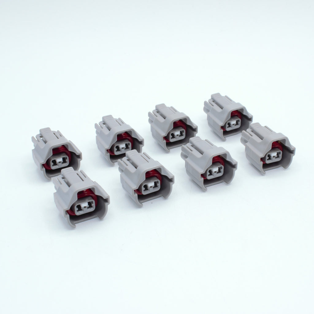 Set of 8 Toyota EV6 USCAR injector connector
Grey with a red seal orange seal and a white TPA
Has 2 keys that are high higher close to top
2 terminal, sealed
Made by Sumitomo TS series
sold in sets of 4, 6 or 8 
For 1JZ 2JZ 1UZ 3UZ engines