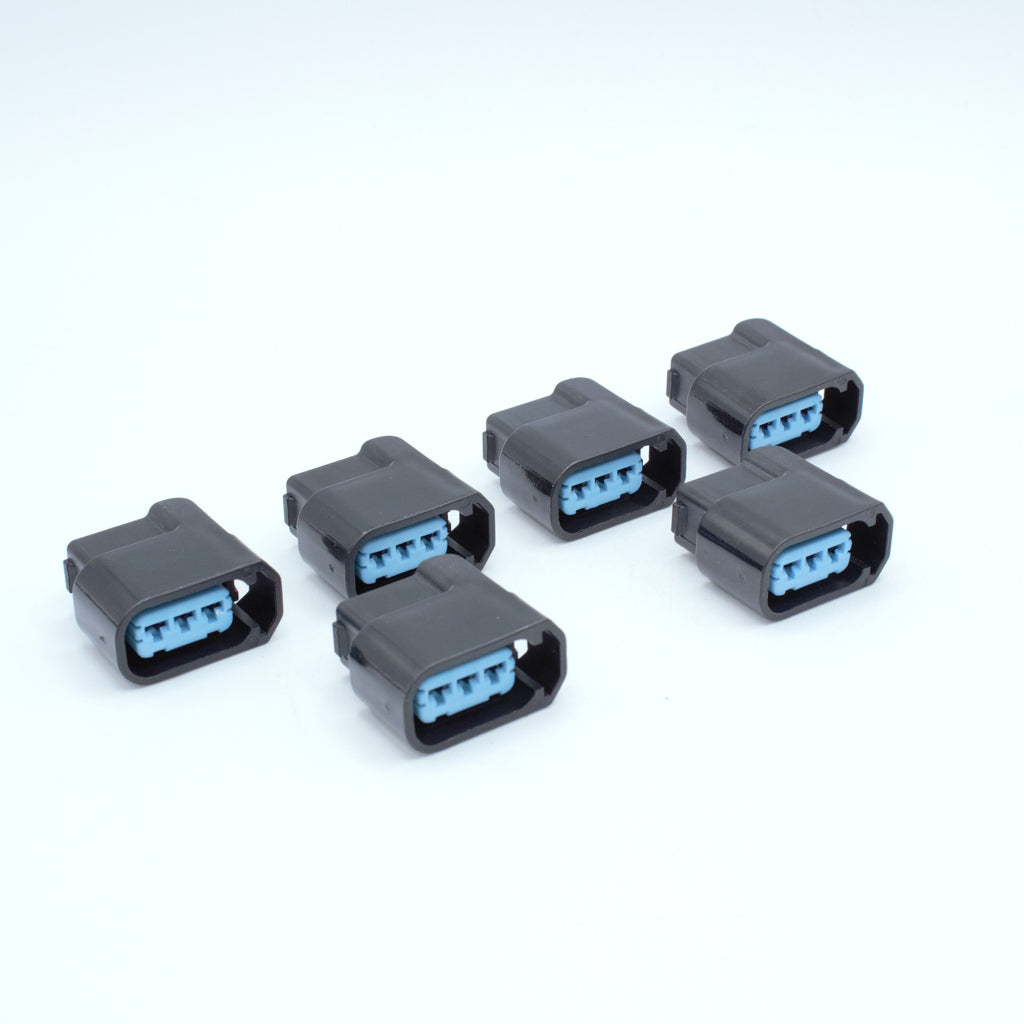 Set of 6 Honda Acura ignition coil connectors from K20 and K24 engines
Black with blue TPA, sealed 3 way terminal pin
Made by Sumitomo HX 090 series

Common upgrade for SR JZ RB and 7M engines. also Found on Honda J series V6 engines J35 J37 J32
sold in packs of 4,6 or 8 comes with terminals and seals