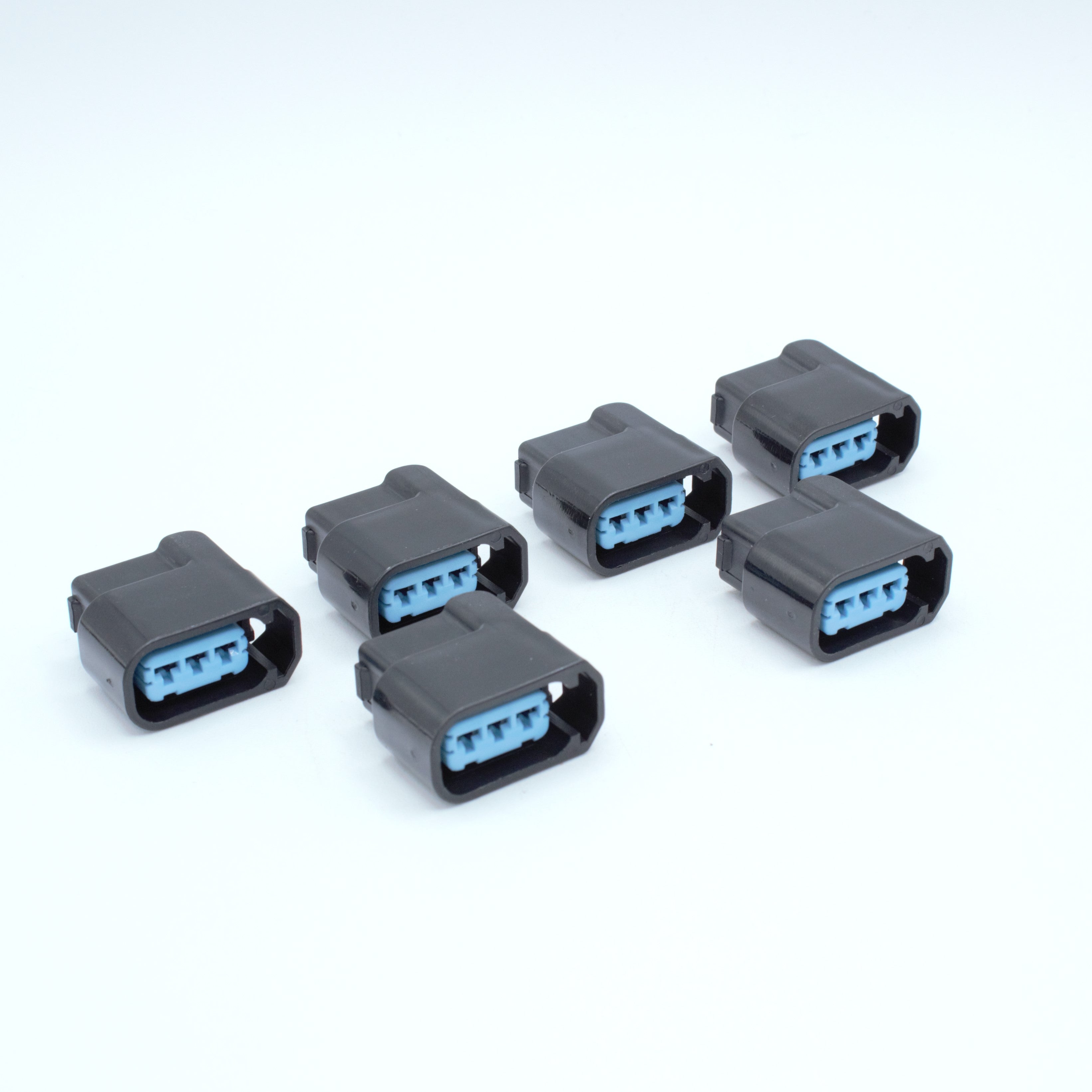 Set of 6 Honda Acura ignition coil connectors from K20 and K24 engines
Black with blue TPA, sealed 3 way terminal pin
Made by Sumitomo HX 090 series

Common upgrade for SR JZ RB and 7M engines. also Found on Honda J series V6 engines J35 J37 J32
sold in packs of 4,6 or 8 comes with terminals and seals
