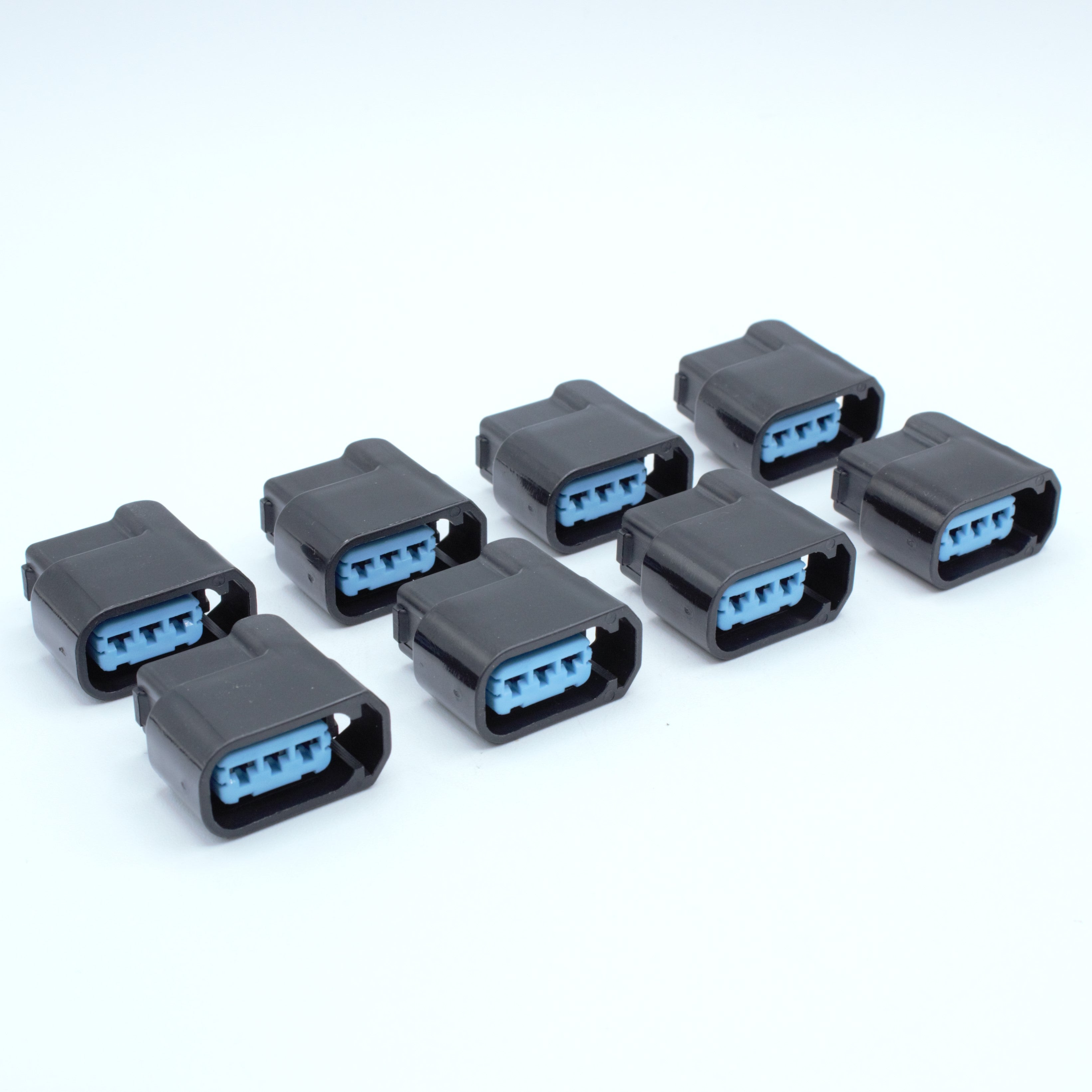 Set of 8 Honda Acura ignition coil connectors from K20 and K24 engines
Black with blue TPA, sealed 3 way terminal pin
Made by Sumitomo HX 090 series

Common upgrade for SR JZ RB UZ and 7M engines. also Found on Honda J series V6 engines J35 J37 J32
sold in packs of 4,6 or 8 comes with terminals and seals