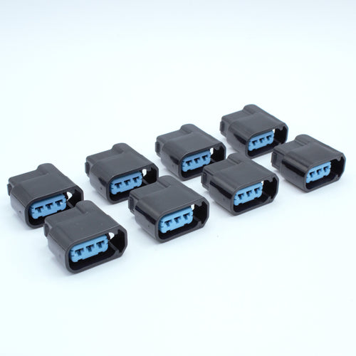 Set of 8 Honda Acura ignition coil connectors from K20 and K24 engines
Black with blue TPA, sealed 3 way terminal pin
Made by Sumitomo HX 090 series

Common upgrade for SR JZ RB UZ and 7M engines. also Found on Honda J series V6 engines J35 J37 J32
sold in packs of 4,6 or 8 comes with terminals and seals