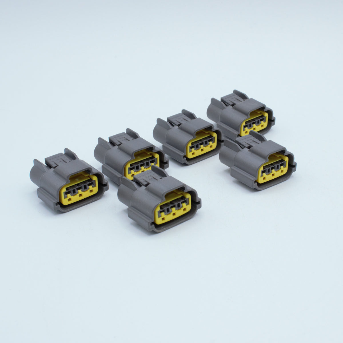 Set of 6 ignition coil connectors for Nissan SR20 SR engines
Grey with yellow TPA, made by Sumitomo 62 series (similar to RS type E) 3 way terminal pin sealed

sold in packs of 4, 6 for SR and RB engines