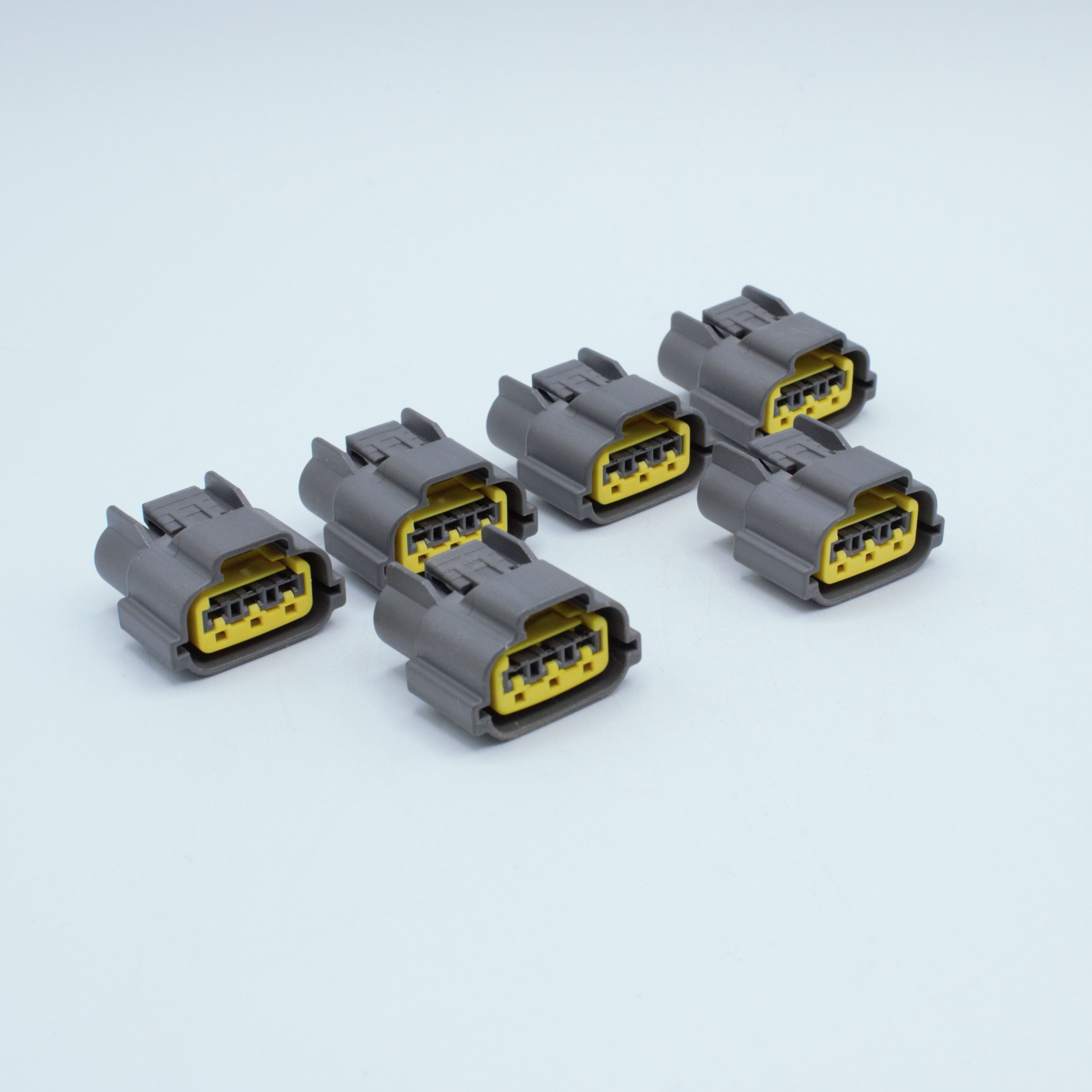 Set of 6 ignition coil connectors for Nissan SR20 SR engines
Grey with yellow TPA, made by Sumitomo 62 series (similar to RS type E) 3 way terminal pin sealed

sold in packs of 4, 6 for SR and RB engines