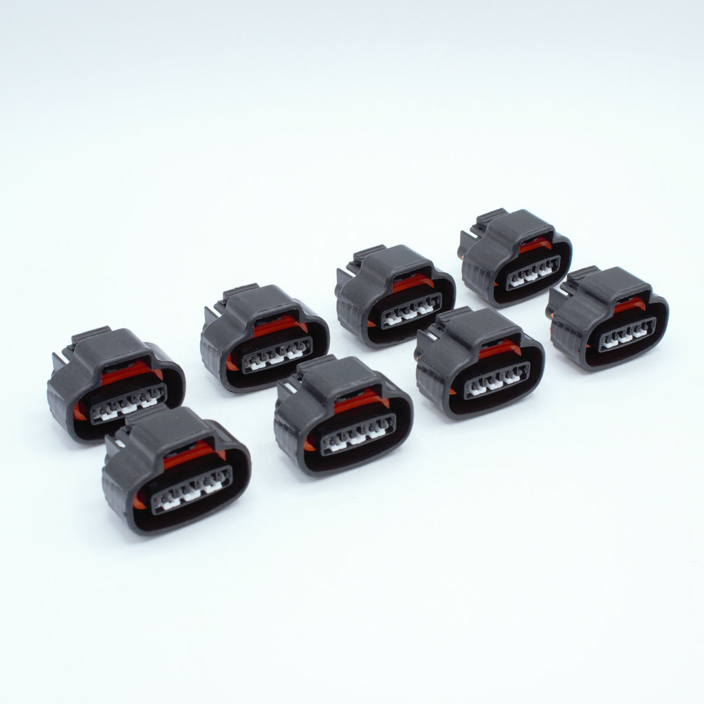 Set of 8 Toyota 1UZ VVTI ignition coil connectors
Black with orange seal red seals and a White TPA
4 way terminal pin, sealed
Made by Sumitomo TS series

Sold in packs of 8, comes with terminals and seals