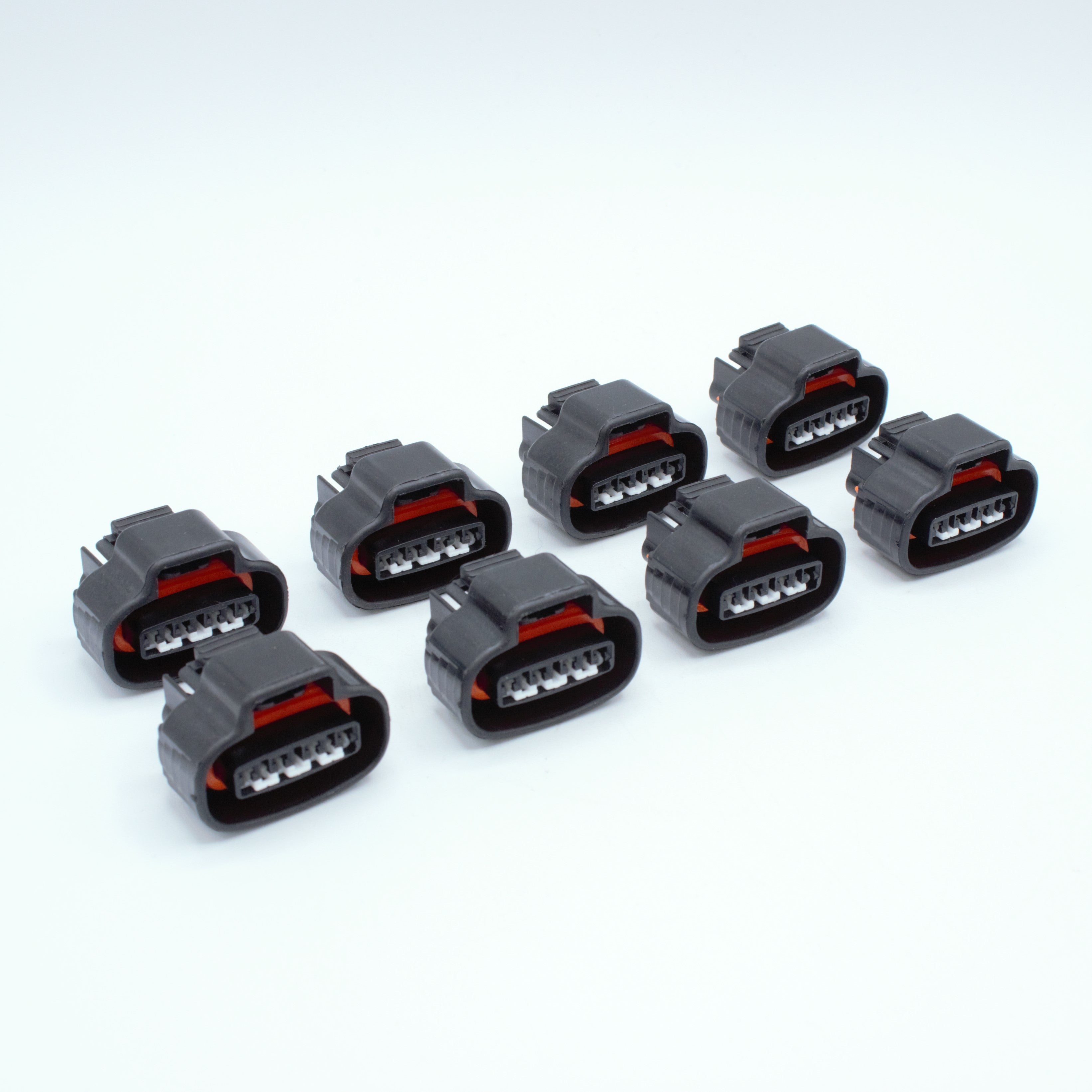 Set of 8 Toyota 1UZ VVTI ignition coil connectors
Black with orange seal red seals and a White TPA
4 way terminal pin, sealed
Made by Sumitomo TS series

Sold in packs of 8, comes with terminals and seals