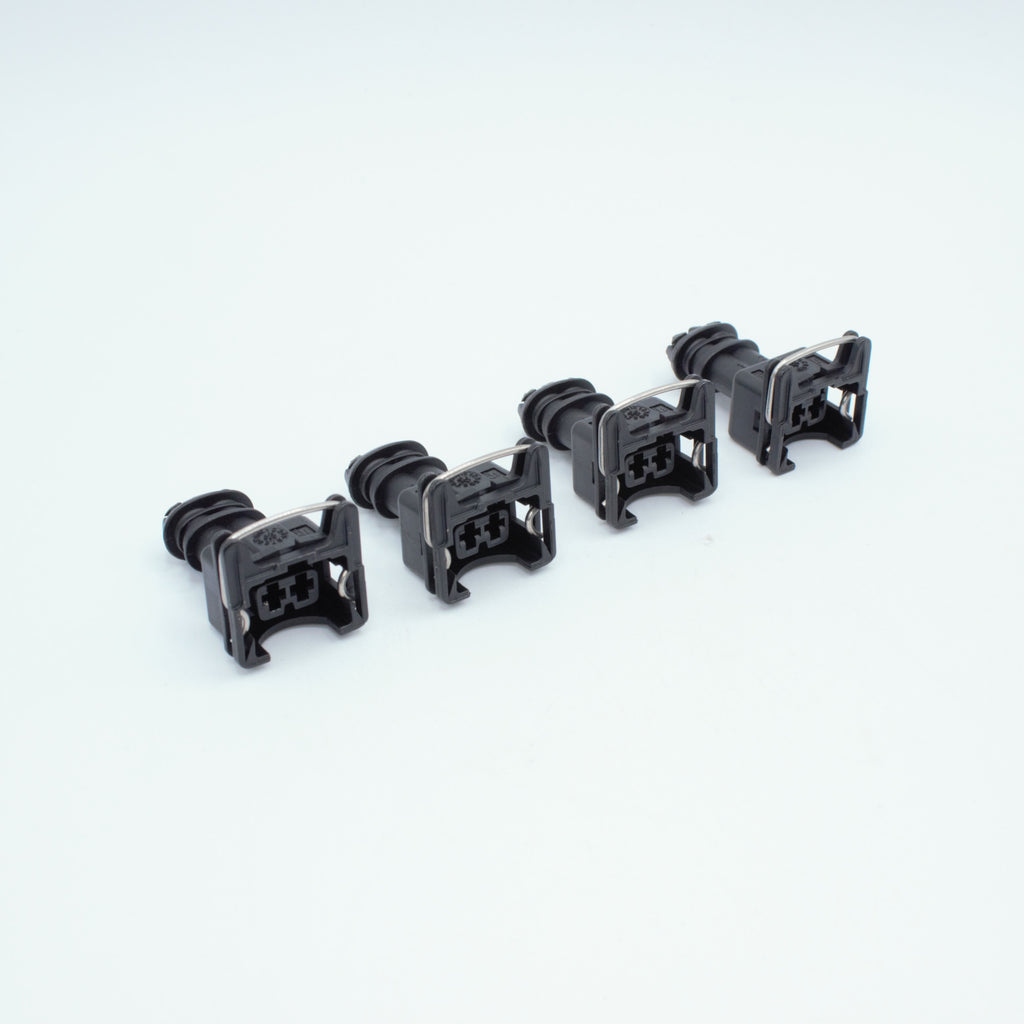 Set of 4 EV1 Jetronic fuel injector connectors
black with a metal retention tang CPA and a black TPA at the back
Uses JPT terminals, sealed
Made by TE formerly Bosch

sold as a set of 4, 6 or 8 with terminals and seals