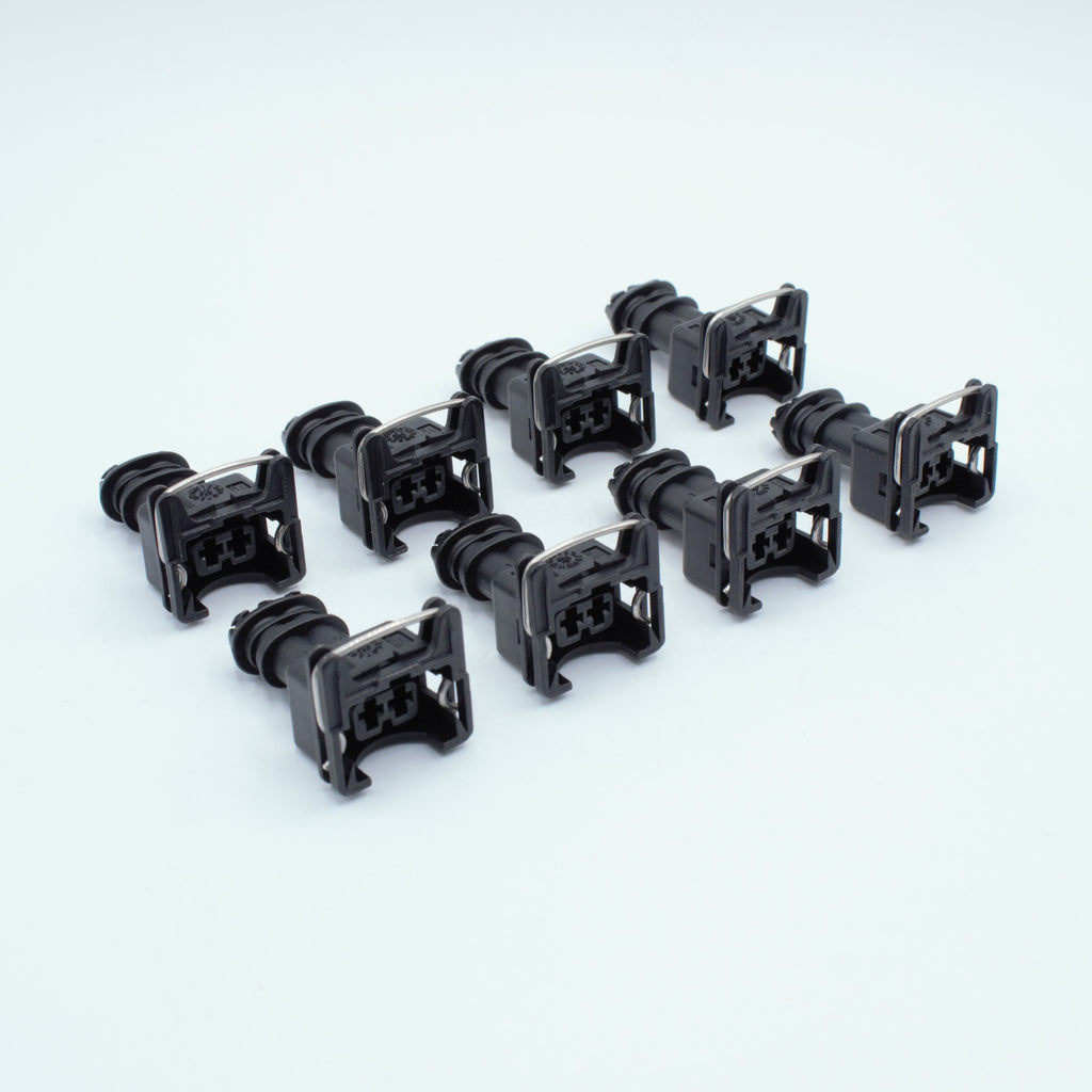 Set of 8 EV1 Jetronic fuel injector connectors
black with a metal retention tang CPA and a black TPA at the back
Uses JPT terminals, sealed
Made by TE formerly Bosch

sold as a set of 4, 6 or 8 with terminals and seals