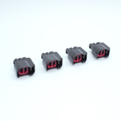 set of 4 EV14 injector connectors 
black, red TPA blue seal
2 way terminal pin
sealed
Made by EPC 1.5 sealed series using yazaki terminals and seals
common for aftermarket EV14 injectors like Deatchwerks, injector dynamics, CPI, FIC fuel injector clinic and some OEM type

sold in sets of 4, 6 or 8 with terminals and seals
