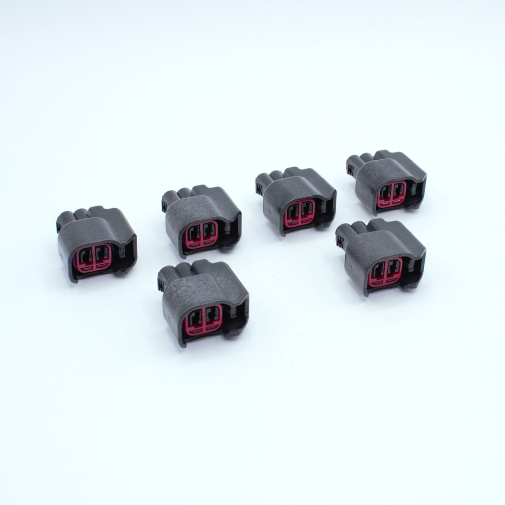 set of 6 EV14 injector connectors 
black, red TPA blue seal
2 way terminal pin
sealed
Made by EPC 1.5 sealed series using yazaki terminals and seals
common for aftermarket EV14 injectors like Deatchwerks, injector dynamics, CPI, FIC fuel injector clinic and some OEM type

sold in sets of 4, 6 or 8 with terminals and seals