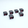 set of 6 EV14 injector connectors 
black, red TPA blue seal
2 way terminal pin
sealed
Made by EPC 1.5 sealed series using yazaki terminals and seals
common for aftermarket EV14 injectors like Deatchwerks, injector dynamics, CPI, FIC fuel injector clinic and some OEM type

sold in sets of 4, 6 or 8 with terminals and seals