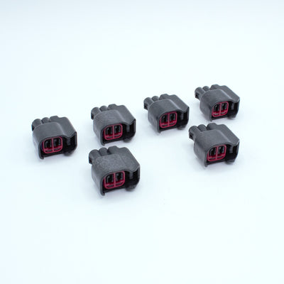 set of 6 EV14 injector connectors 
black, red TPA blue seal
2 way terminal pin
sealed
Made by EPC 1.5 sealed series using yazaki terminals and seals
common for aftermarket EV14 injectors like Deatchwerks, injector dynamics, CPI, FIC fuel injector clinic and some OEM type

sold in sets of 4, 6 or 8 with terminals and seals