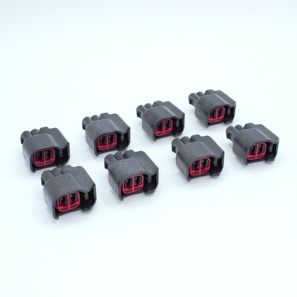 set of 8 EV14 injector connectors 
black, red TPA blue seal
2 way terminal pin
sealed
Made by EPC 1.5 sealed series using yazaki terminals and seals
common for aftermarket EV14 injectors like Deatchwerks, injector dynamics, CPI, FIC fuel injector clinic and some OEM type

sold in sets of 4, 6 or 8 with terminals and seals