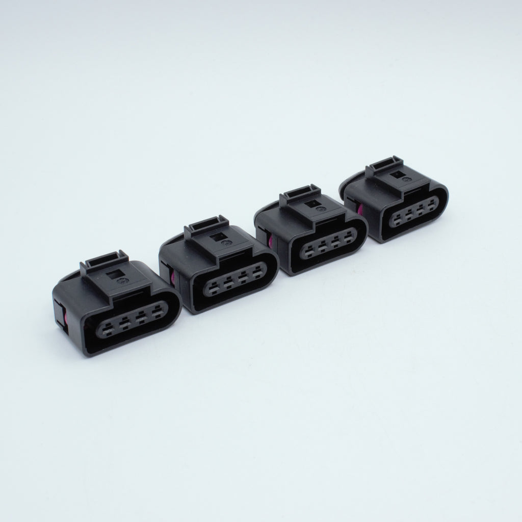 Set of 4 R8 Audi VW ignition coil connectors
4 way terminal pin sealed
Black with purple violet TPA
uses MCP JPT terminals
Made by FEP Bosch VW VAG
coils from 2.0T and 1.8T Golf Jetta as well as V8 Audi R8 V10 Lamborghini

Great upgrade for JZ RB SR 7M and UZ engines
sold as a set of 4 6 or 8 with terminals and seals