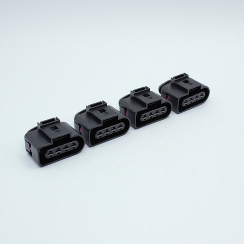 Set of 4 R8 Audi VW ignition coil connectors
4 way terminal pin sealed
Black with purple violet TPA
uses MCP JPT terminals
Made by FEP Bosch VW VAG
coils from 2.0T and 1.8T Golf Jetta as well as V8 Audi R8 V10 Lamborghini

Great upgrade for JZ RB SR 7M and UZ engines
sold as a set of 4 6 or 8 with terminals and seals