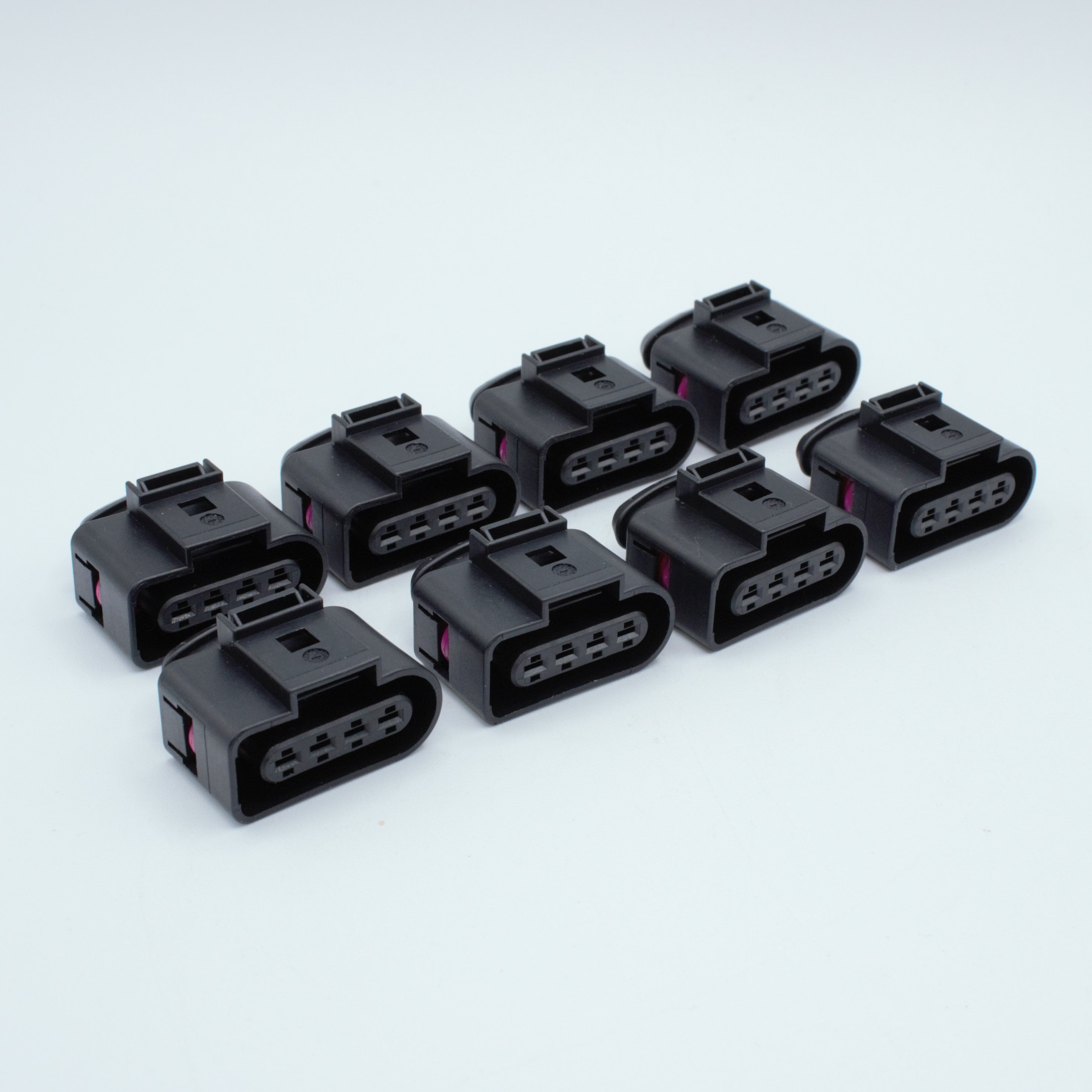 Set of 8 R8 Audi VW ignition coil connectors
4 way terminal pin sealed
Black with purple violet TPA
uses MCP JPT terminals
Made by FEP Bosch VW VAG
coils from 2.0T and 1.8T Golf Jetta as well as V8 Audi R8 V10 Lamborghini

Great upgrade for JZ RB SR 7M and UZ engines
sold as a set of 4 6 or 8 with terminals and seals