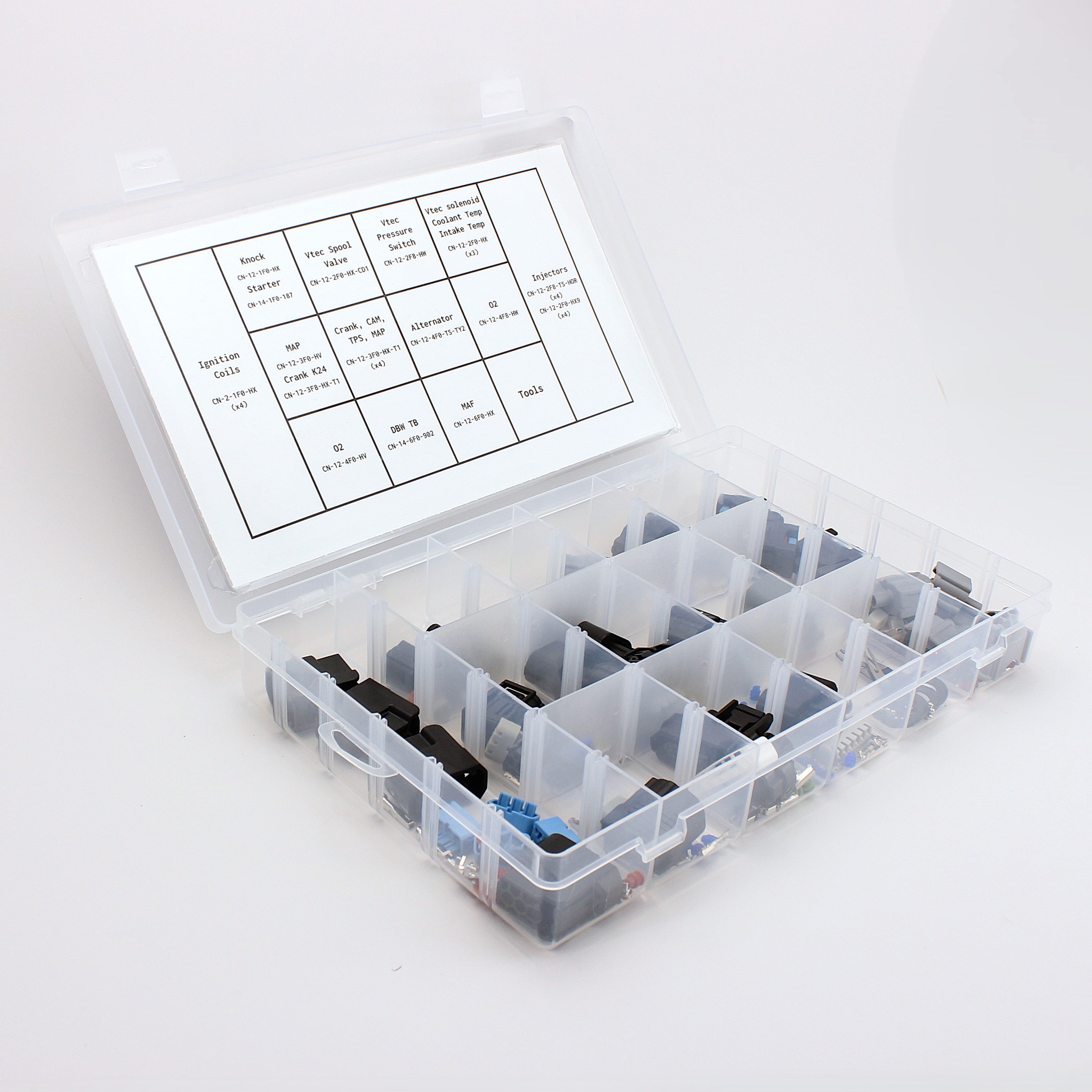 Honda Acura K series connector kit
all K20 and K24 connectors in one kit with terminals and seals and a de-pin tool set
Perfect for you Civic RSX TSX CRV CR-V or Element engine
contents inside