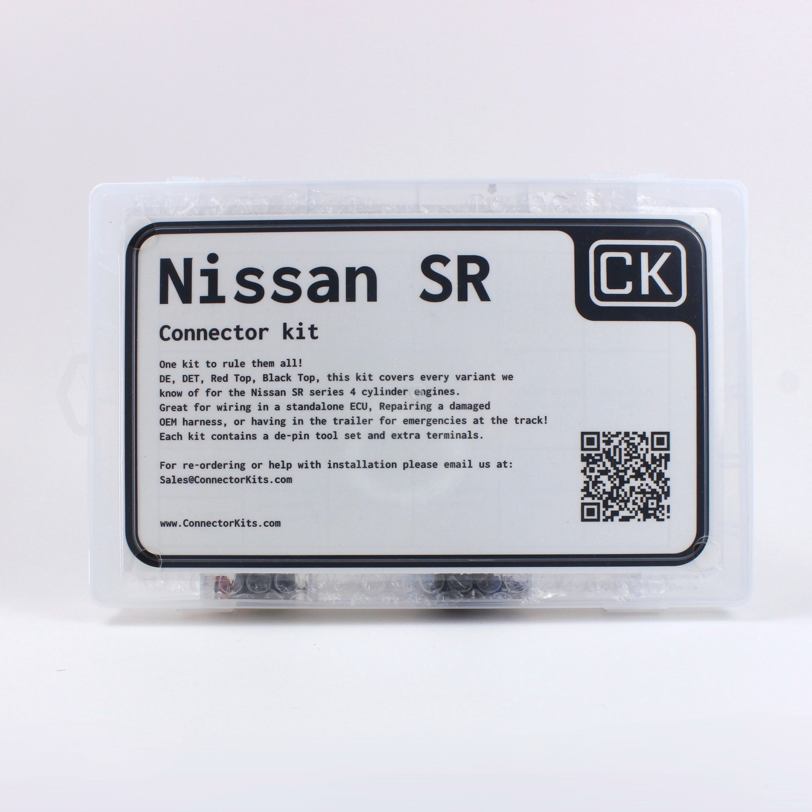 Nissan SR connector kit
all SR connectors in one kit with terminals and seals and a de-pin tool set
Perfect for you Nissan SR20vengine in a 240SX 200SX Silvia 180SX S13 S14 or S15