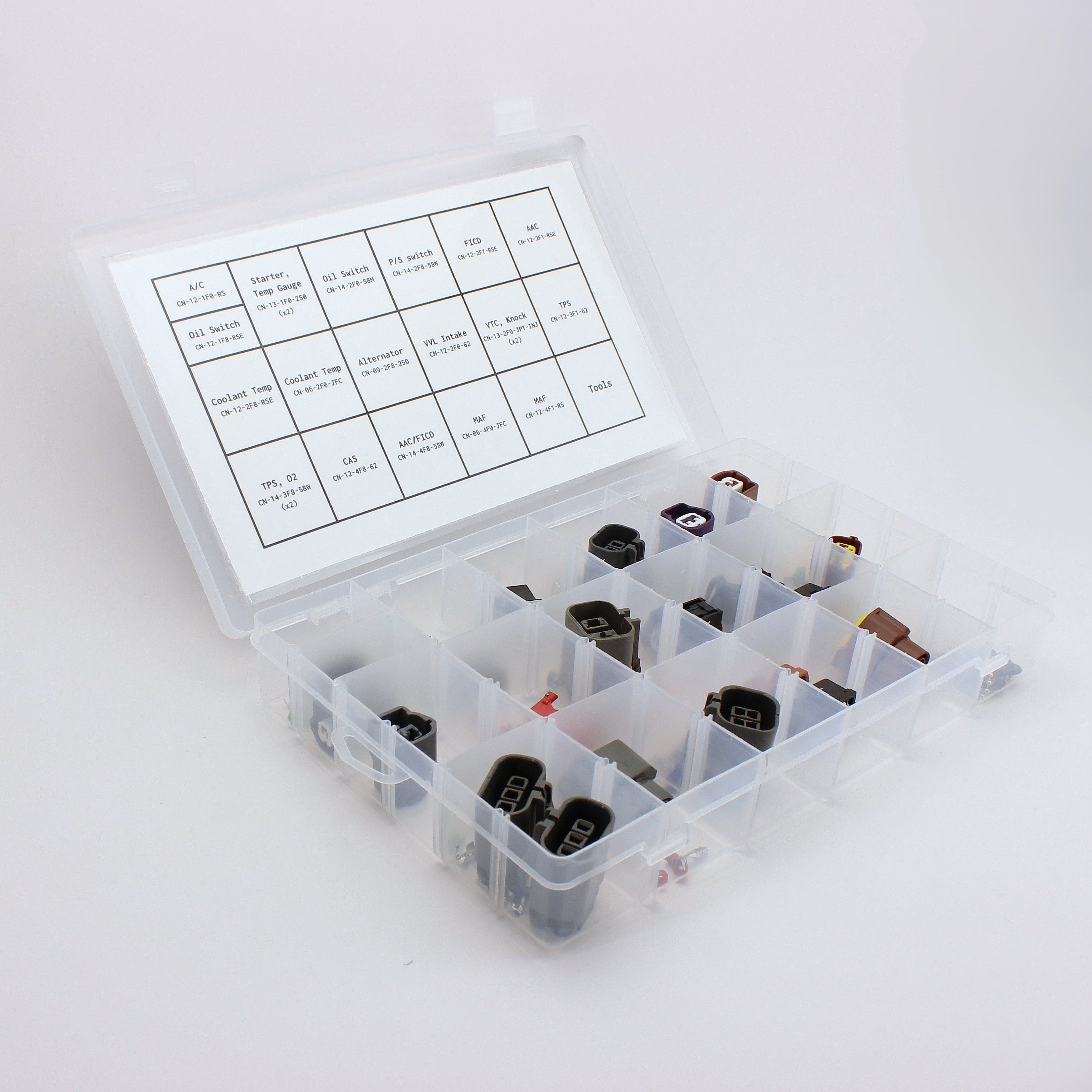 Nissan SR connector kit
all SR connectors in one kit with terminals and seals and a de-pin tool set
Perfect for you Nissan SR20vengine in a 240SX 200SX Silvia 180SX S13 S14 or S15 
inside content open