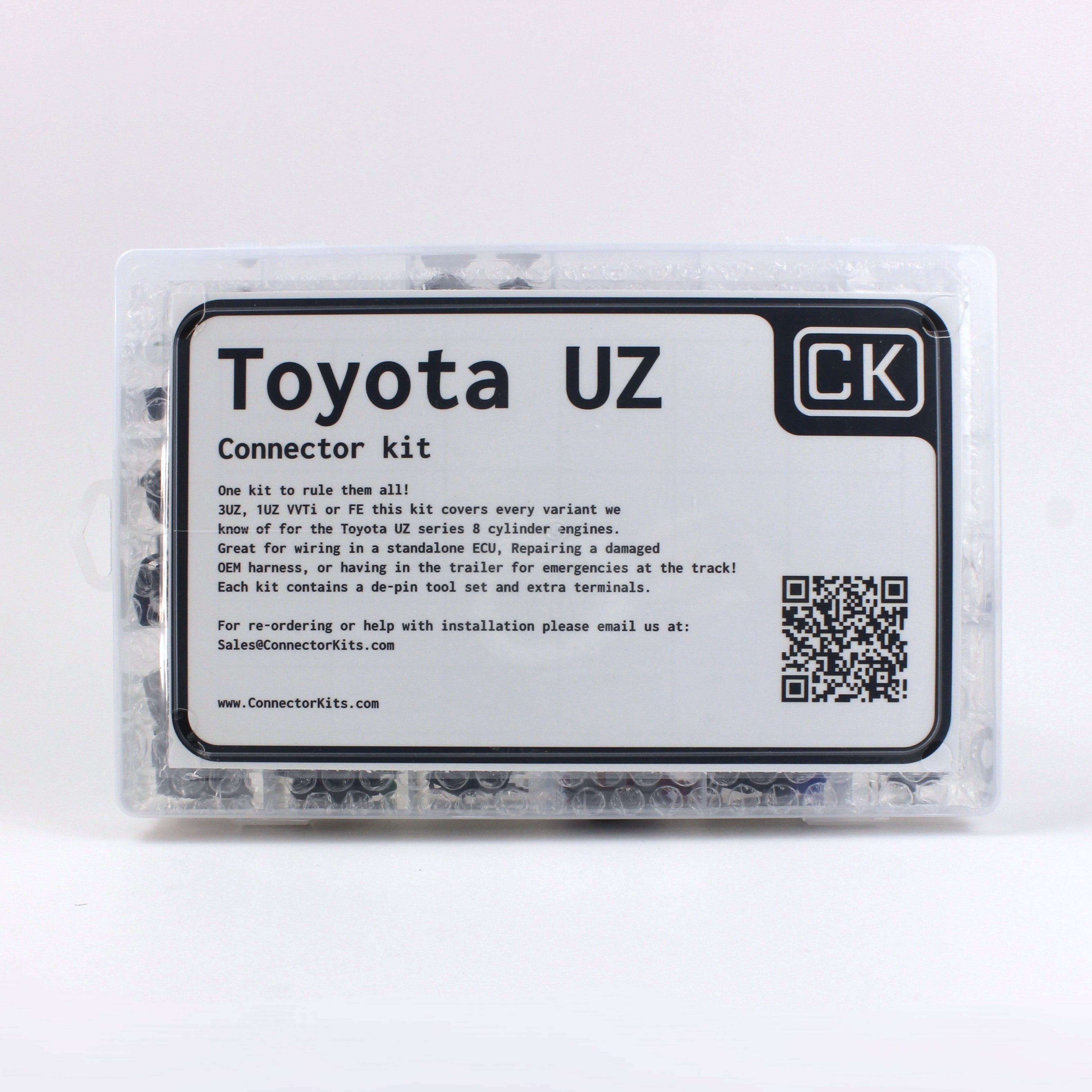 Toyota UZ connector kit
all UZ connectors in one kit with terminals and seals and a de-pin tool set
Perfect for you Toyota 1UZ 2UZ or 3UZ engine in LS400 GS400 Land cruiser, Crown or Celsior UCF30