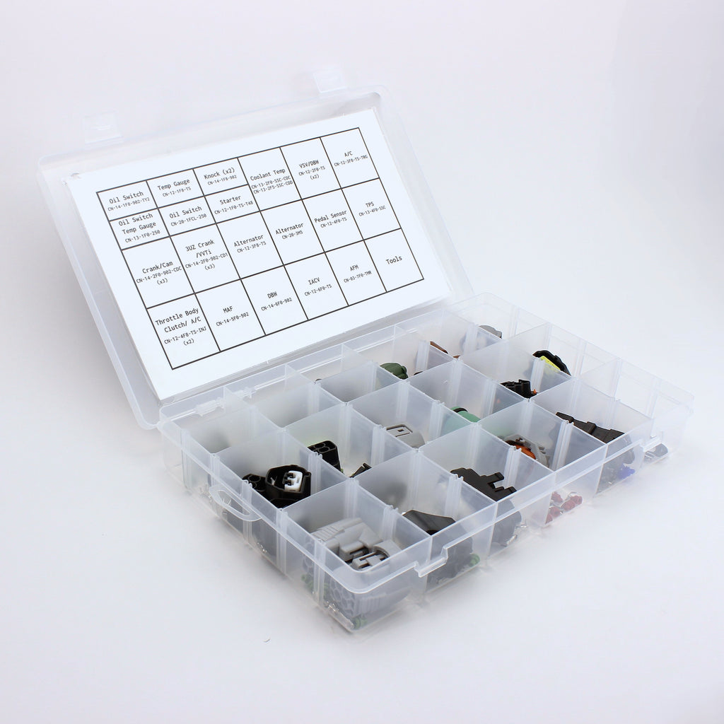 Toyota UZ connector kit
all UZ connectors in one kit with terminals and seals and a de-pin tool set
Perfect for you Toyota 1UZ 2UZ or 3UZ engine in LS400 GS400 Land cruiser, Crown or Celsior UCF30
contents open inside