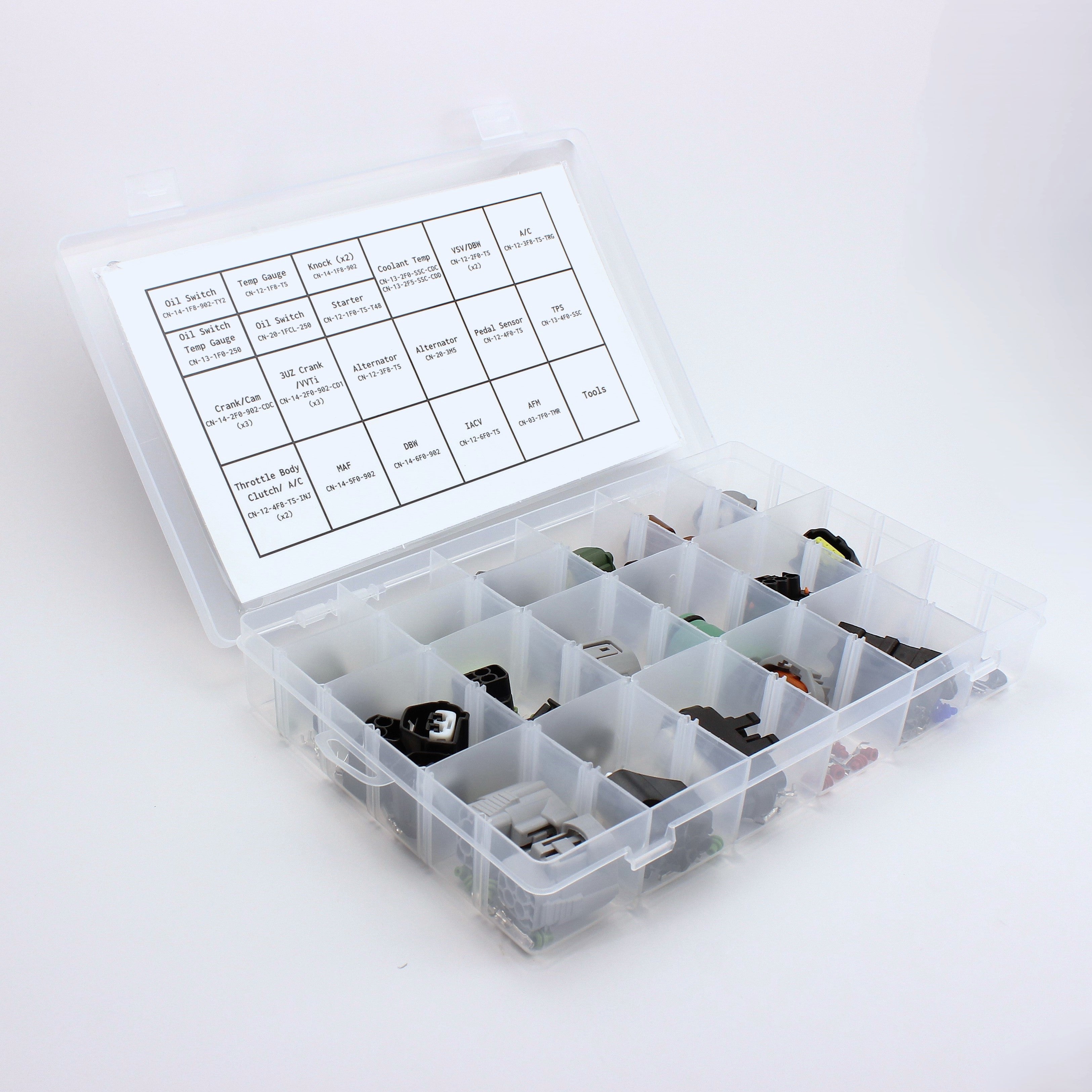 Toyota UZ connector kit
all UZ connectors in one kit with terminals and seals and a de-pin tool set
Perfect for you Toyota 1UZ 2UZ or 3UZ engine in LS400 GS400 Land cruiser, Crown or Celsior UCF30
contents open inside